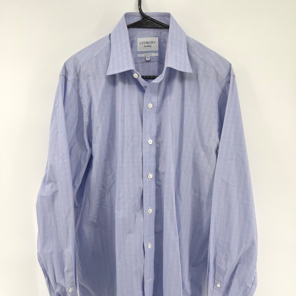 Ledbury Mens Classic Fit Long Sleeve Shirt 16 Blue Pink Gingham Check Cotton - Picture 2 of 9